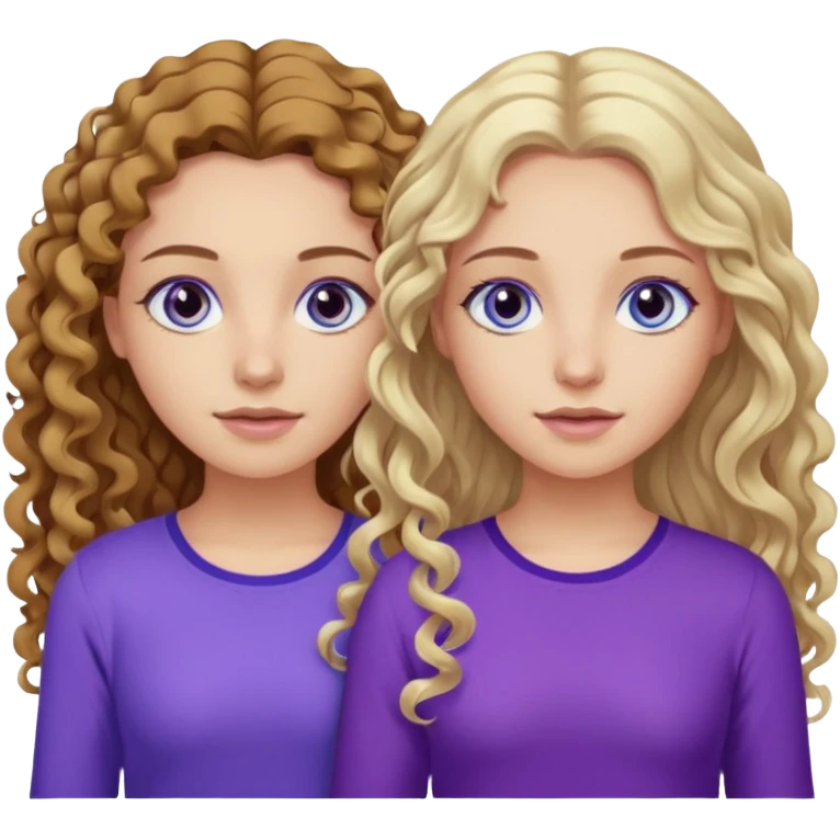 Twin sisters, one has brown eyes, long curly brown hair, the other one has blue eyes and straight blond hair purple top emoji