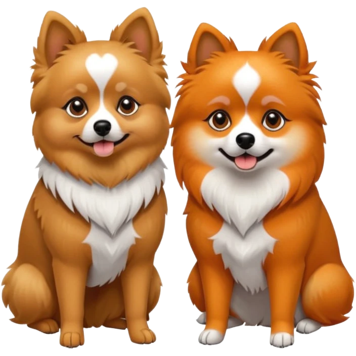 TWO POMERANIANS STANDING NEXT TO EACH OTHER. GIRL WHITE WITH ORANGE PATCHES AND BOY ALL BLACK WITH WHITE ON SNOUT AND CHEST . EMOJI DOGS. emoji