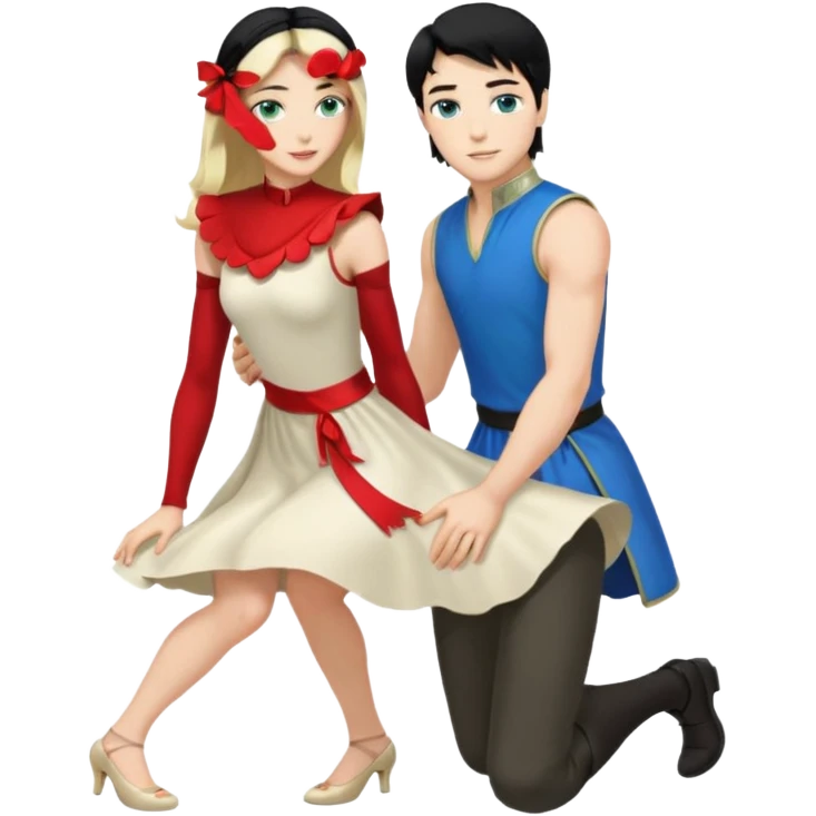 prince, upright, black Hair, blue eyes, Woman, blonde Hair, Green eyes, bending knee, sleveless White Dress, emoji