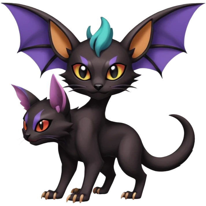 dark spooky badass cool shiny glossy smooth soft Black edgy Noivern-Noibat-Purloin-Torracat-Lykoi-Caracal-cat-Fakemon-fusion-hybrid-creature with bat wings on head as ears, big fangs, gothic markings emoji