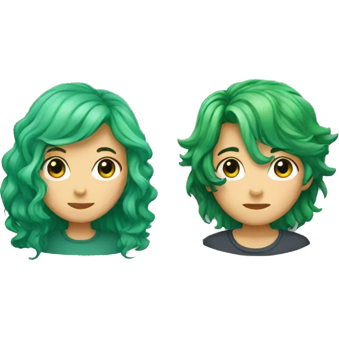 shy girl with green hair and guy with long wavy black hair emoji