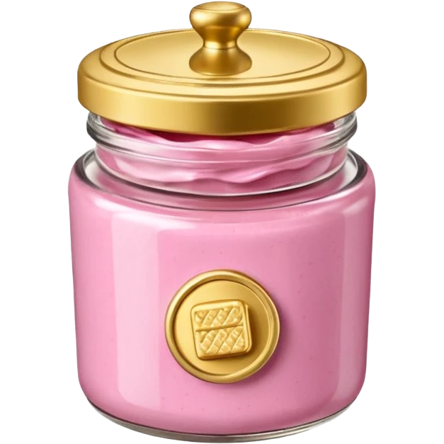 Una miniatura fotorrealista de un tarro de mantequilla corporal elegante, con una tapa dorada brillante. Una sola moneda de oro, pequeña y sutil, reposa al lado del tarro. Iluminación suave de estudio. Colores: rosa, terracota y dorado. Estilo: lujo en miniatura. emoji