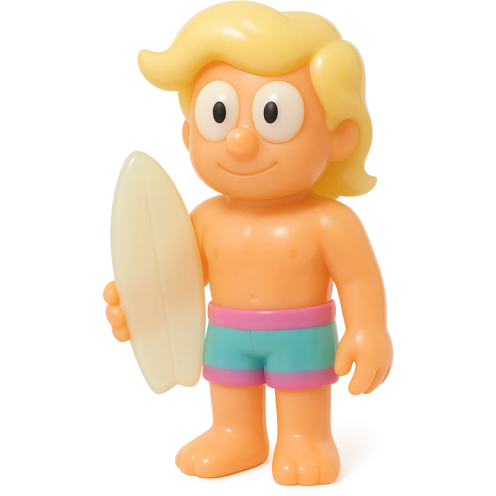 full-body surfer bro, retro 90's toy style, very transparent and slightly see-through, natural tan skin, blonde hair, colorful shorts, large white eyeballs with small black pupils, soft plastic texture, soft reflections, soft and squishy, some cloudiness, not shiny, highly detailed, appealing, no tag, no background emoji