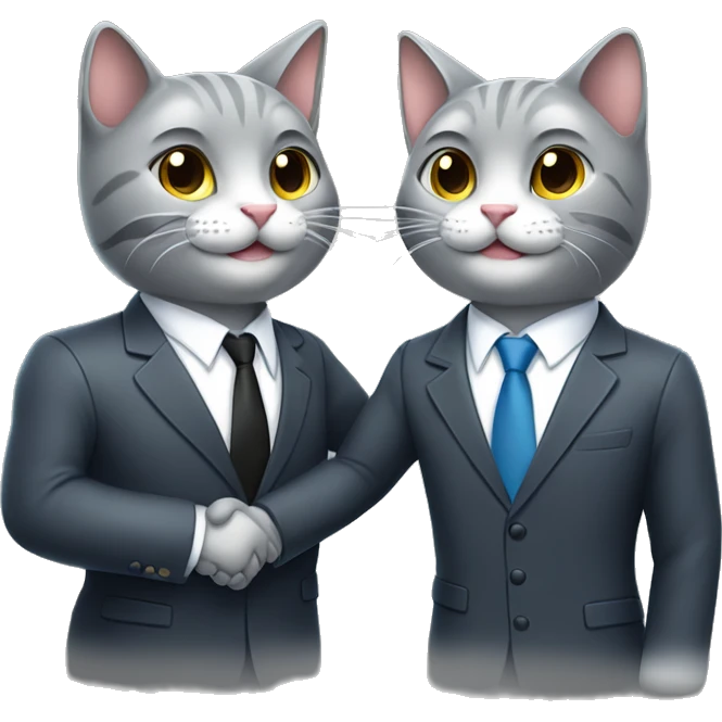 Two gray colored cats, smiling, shaking hands in suits both wearing headphones.   emoji