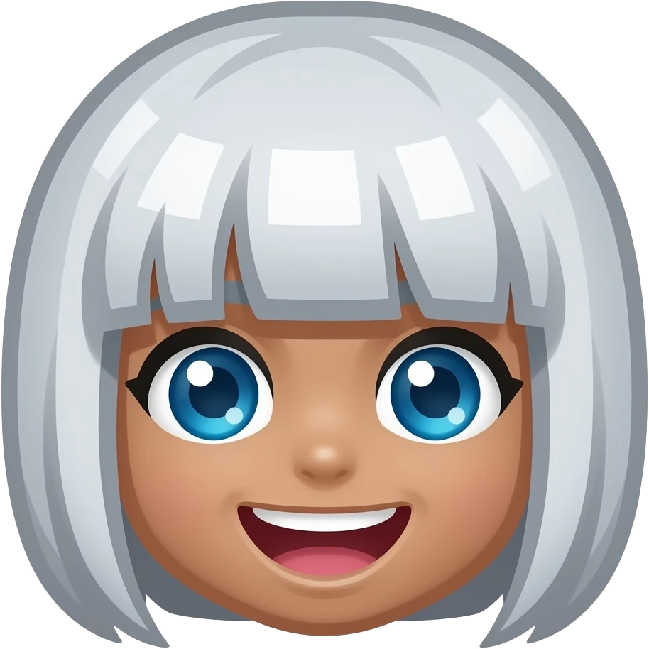8-bit Chibi square pixelated head icon of a girl laughing white white short hair blue eyes pixel square eyes and brown skin emoji
