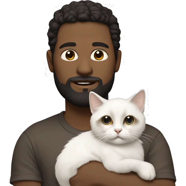 White men with mix of dark brown hair and beard holding white ragdoll cat emoji