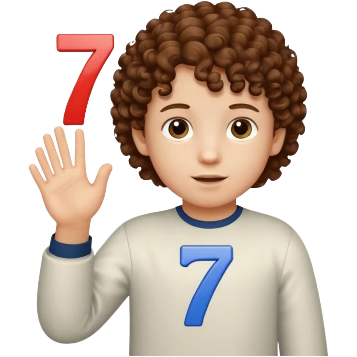 A curly-haired, white child holding the number 6 in his right hand and the number 7 in his left hand. emoji