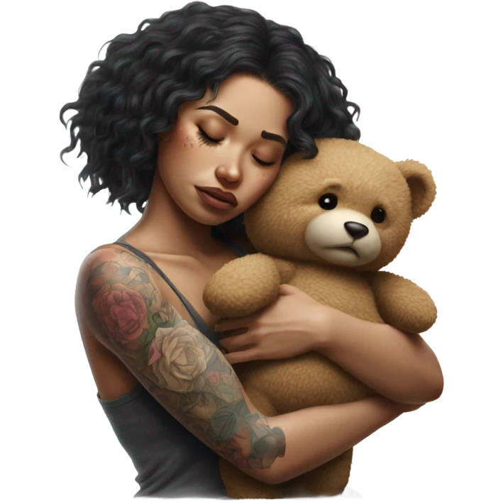 Hyper Realistic Beautiful tattooed woman crying lying hugging a Teddy bear emoji