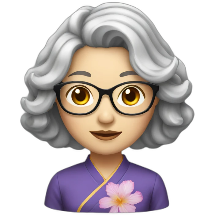 Chinese lady with shoulder length very lightly grey waves hair wear glasses with Chinese dress emoji