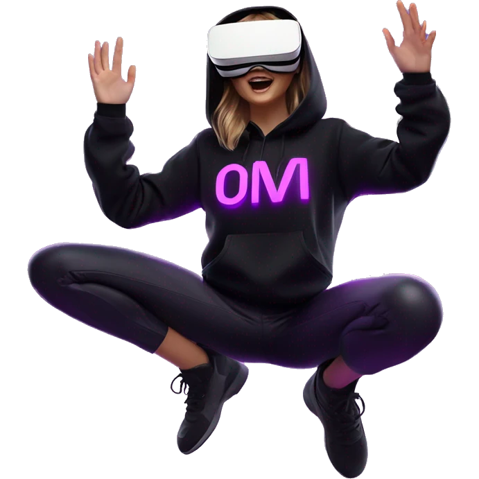 Russian girl wearing black hoody with violet letters "OMG", in vr headset oculus quest2. jumping. Cyberpunk style. Violet neon. emoji