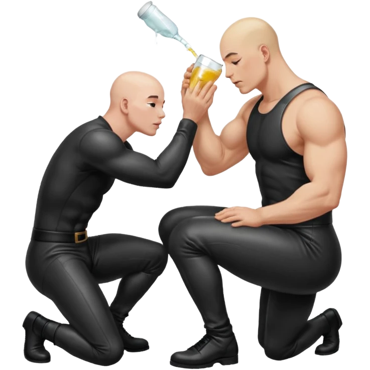 Bald man on his knees submissive to tall, standing man in leather, pouring piss down his throat emoji