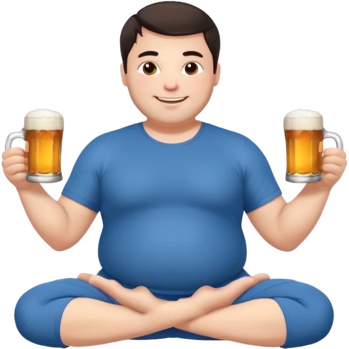 big white guy sitting in yoga pose, winter dressed, short dark hair, holding beer mugs in two hands, sitting emoji