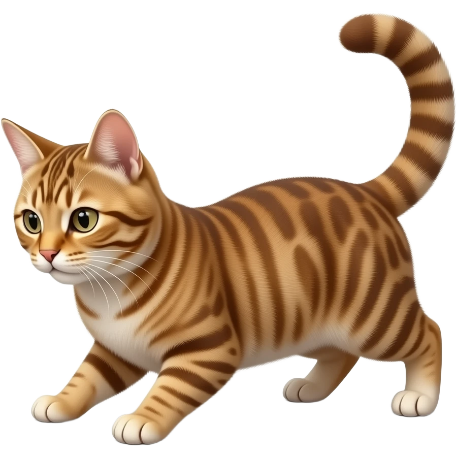 Glossy 3D rendered realistic cat on all fours, detailed fur and features, side profile, looking at a smartphone on the ground in front of it, soft shading, white background emoji