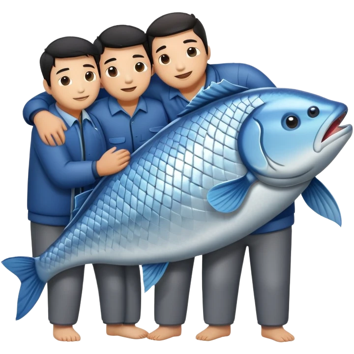 group of Asian men holding/hugging 1 fish emoji
