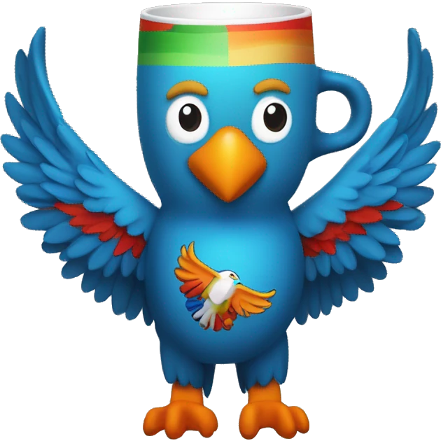 create a blue eagle with orange, red and green colored wings. holding a mug. On that mug it says: Studio Art Power. emoji