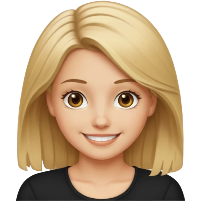 white girl with dirty blond hair, hazel eyes, black top, smiling emoji