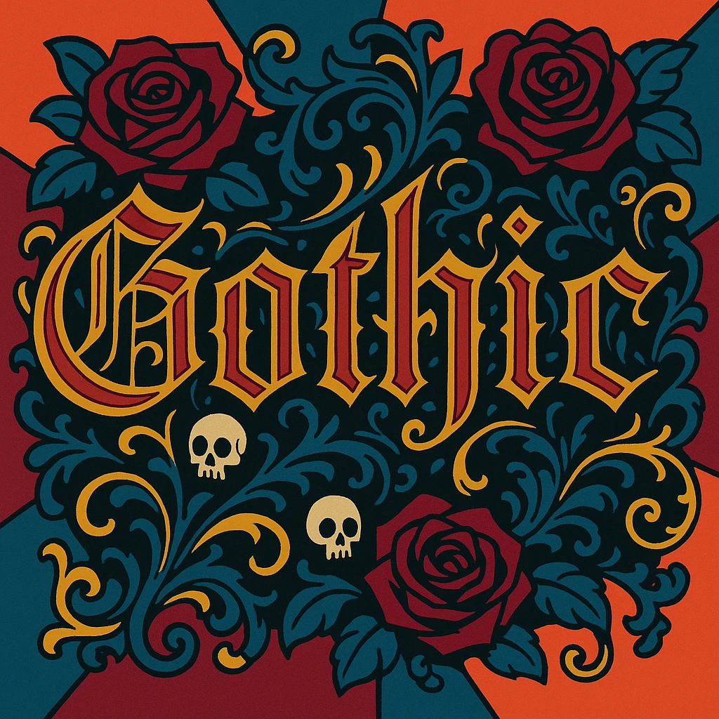 the word 'Gothic' in highly elaborate gothic calligraphy, with ornate flourishes, dark roses, tiny skulls, and baroque filigree emoji