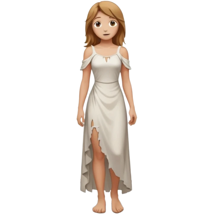 Female figure standing barefoot in ruined cathedral, dress slipping from shoulder emoji