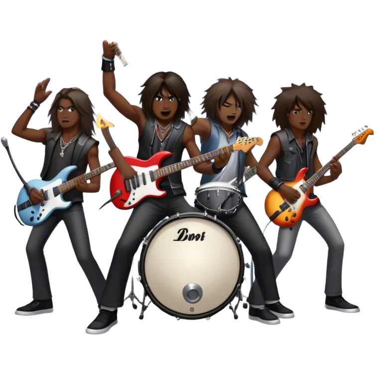 Icon for Heavy Metal Music: 4 men band on stage with electric guitars, drums and intense lighting. Musicians headbanging, surrounded by energy and stage effects, capturing the power and intensity of a metal concert. Transparent background. emoji