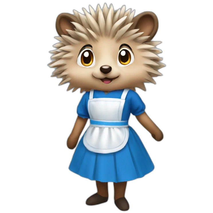Hedgehog wearing a blue maid dress with a black bow and apron emoji