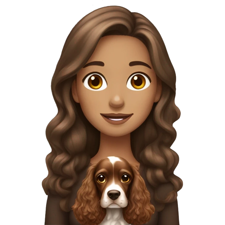 Beautiful girl with long brown hair with English Cocker Spaniel emoji