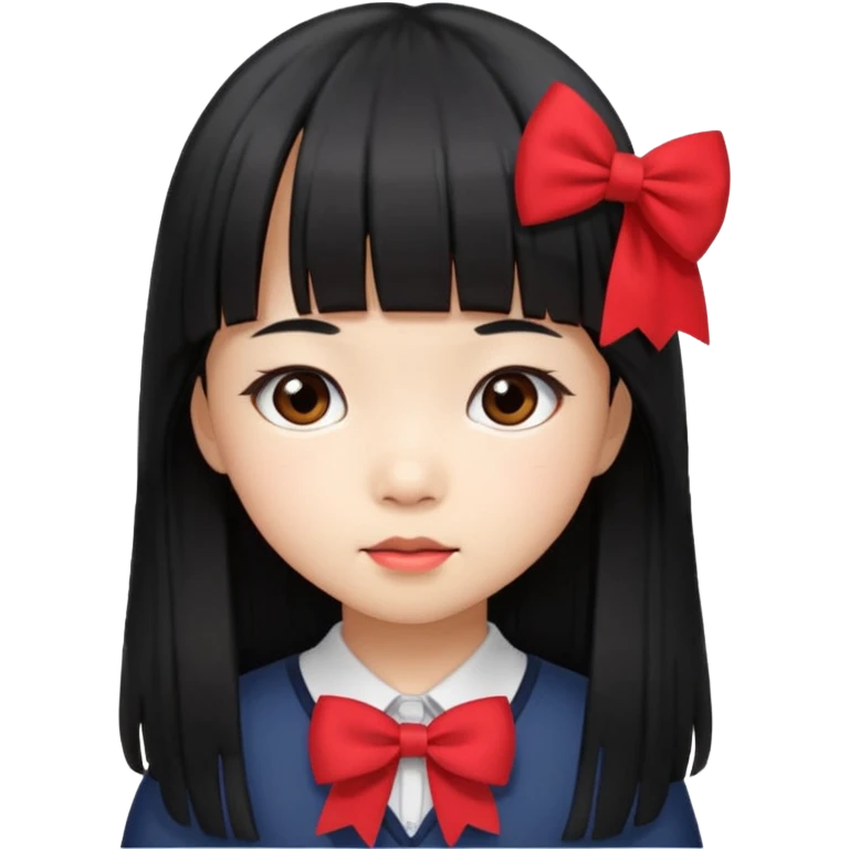 little Asian girl student with long straight black hair, bangs, wearing red bow emoji