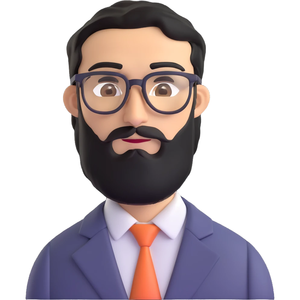 man with medium black beard, black hair, connected unibrow, olive tan skin, brown eyes, glasses, prominent long nose, wearing a professional business suit emoji