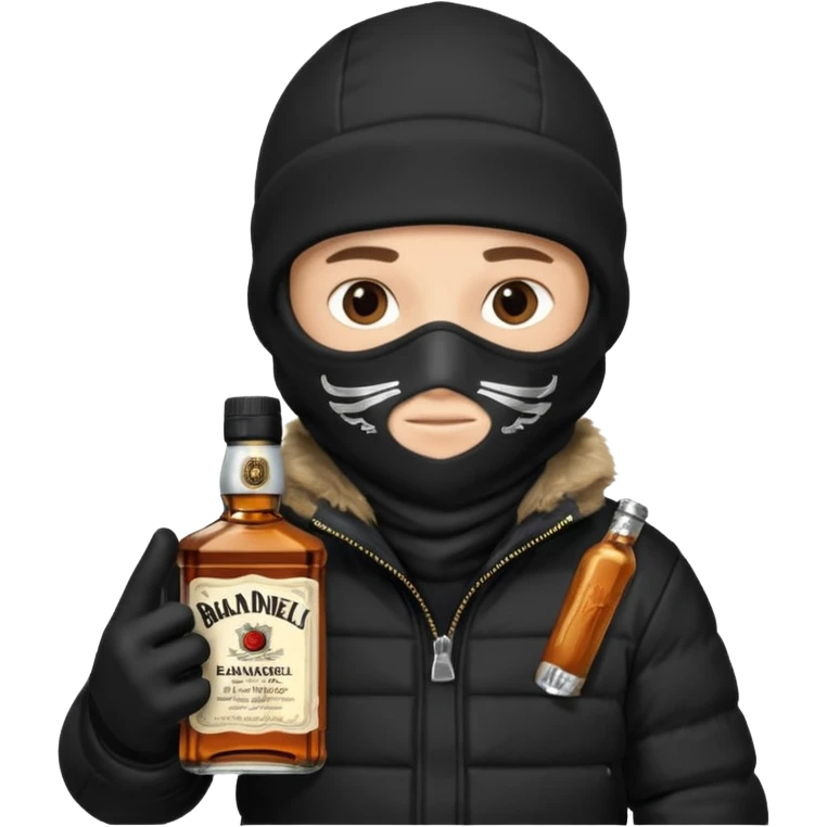 Junge mit Sturmhaube in der Rechten hand eine jacky flasche und schwarze winterjacke mit fell an der mütze 2 meter gross emoji