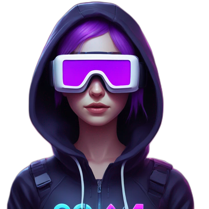 Russian girl wearing black hoody with violet letters "OMG", in vr headset. Cyberpunk style. Violet neon. emoji