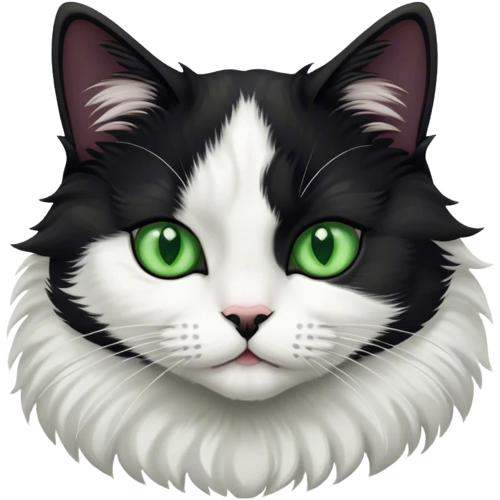 This is a fluffy black and white cat with green eyes emoji