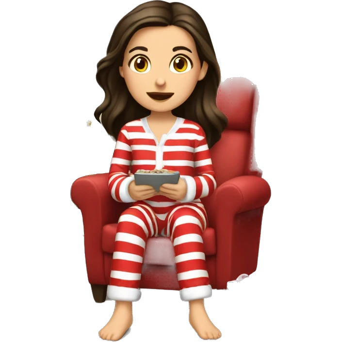 brunette girl in christmas pjs watching christmas movie emoji