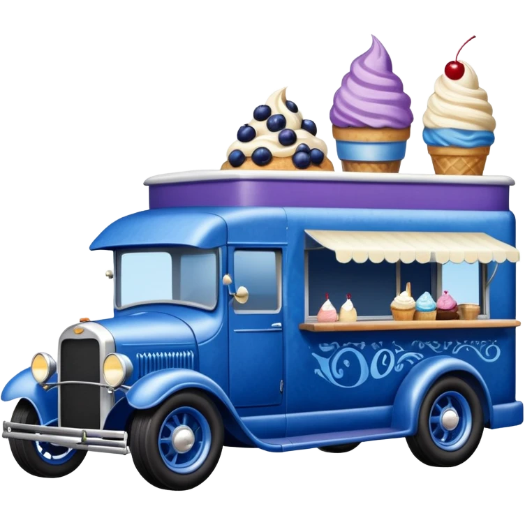 shiny-dark-blue crystal-bodied frozen blueberry muffin, pie, and ice cream float, antique hot rod long-wheelbase durable-looking food truck  emoji