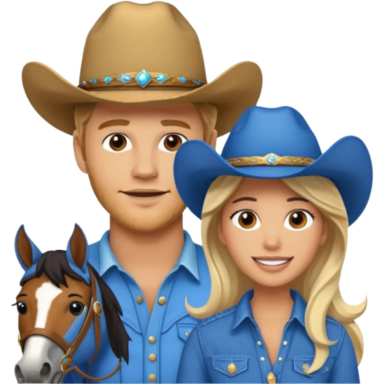 Excited Trevor Donovan with blue eyeas cowboy hat and Danica McKellan with horse emoji