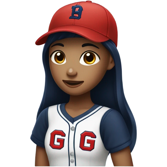 Black long hair girl wearing navy ballcap emblazoned with a red G initial and wearing baseball uniform emoji