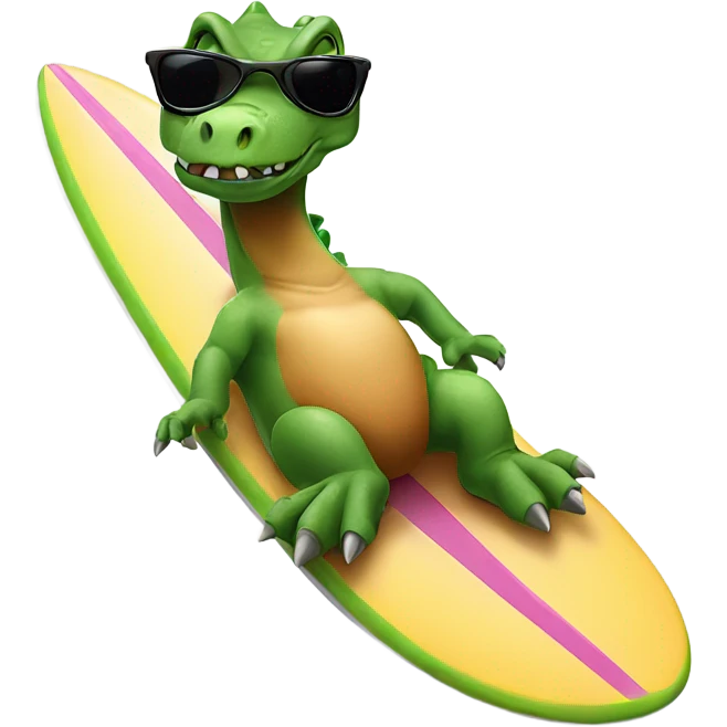 A dinosaur looksmaxing while wearing sunglasses on a surfboard emoji