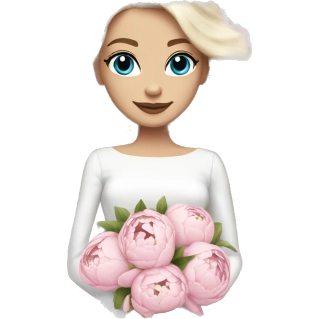 White bride with long light blonde hair and blue eyes with light pink peonies in hair white skin  emoji