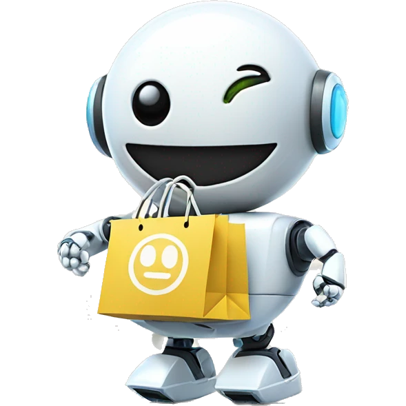 cute white floating spherical happy robot with floating shopping bags cool emoji
