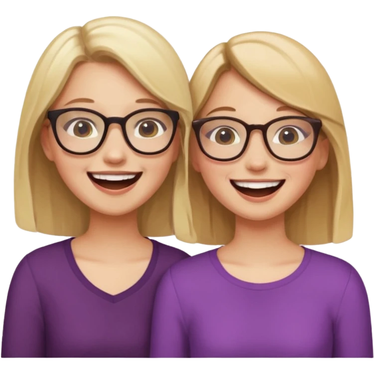 two girls laughing and having fun. one is blonde without glasses, another one is brown haired with glasses. they are supportive and cute emoji