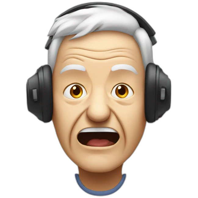face of an elderly person with headphones on where only sound comes out from one side and the person is angry emoji