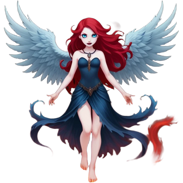full body portrait of an extremely diabolical girl with pale white skin, massive towering wings, very long flowing blood red hair, glowing blue eyes, evil grin, no accessories, standing in thick swirling dark red and black smoke that rises up from the ground, heavy smoke effect at her feet emoji