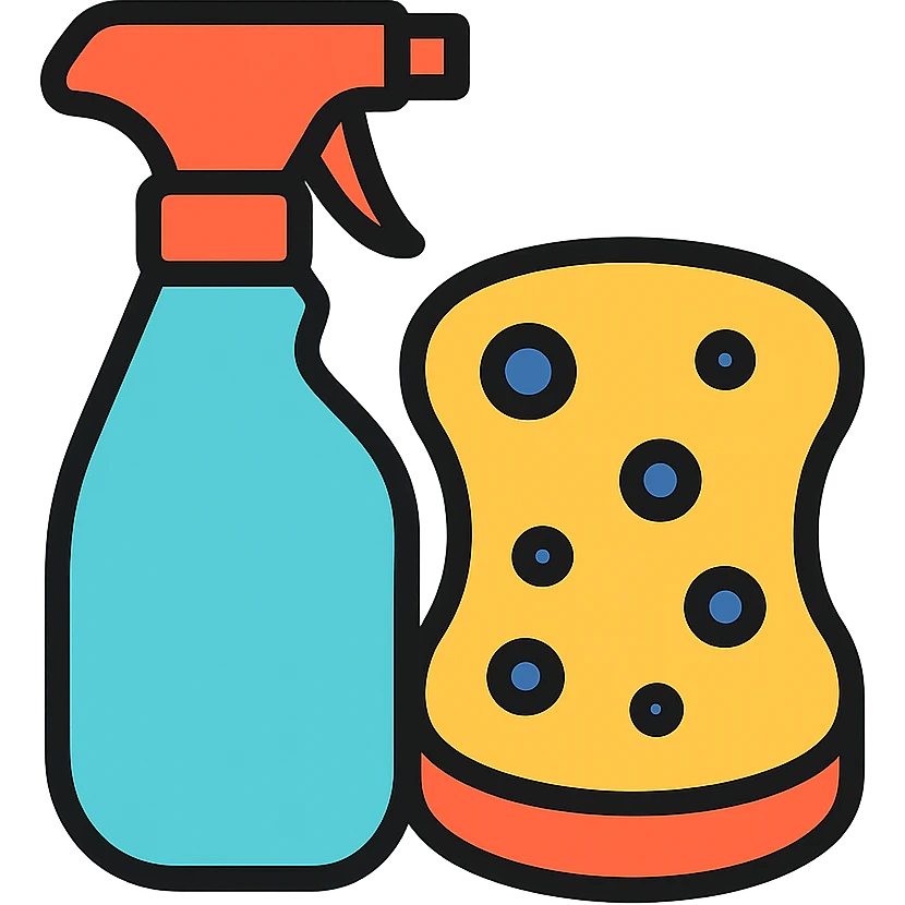 colorful icon of cleaning supplies, including spray bottle and sponge emoji