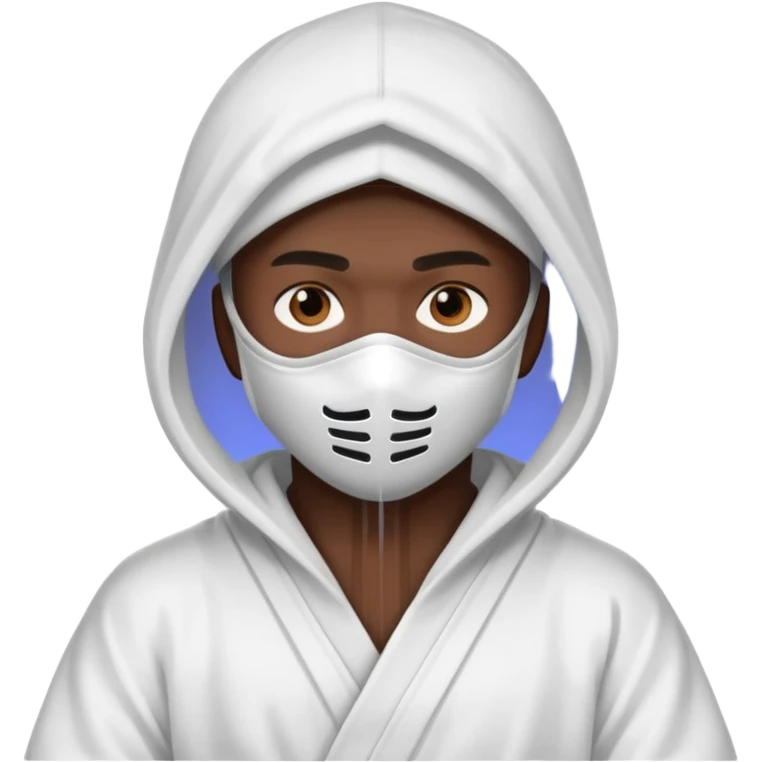 All white ninja robe with white mask to cover face and neck with a hoodie on and dark brown skin color emoji