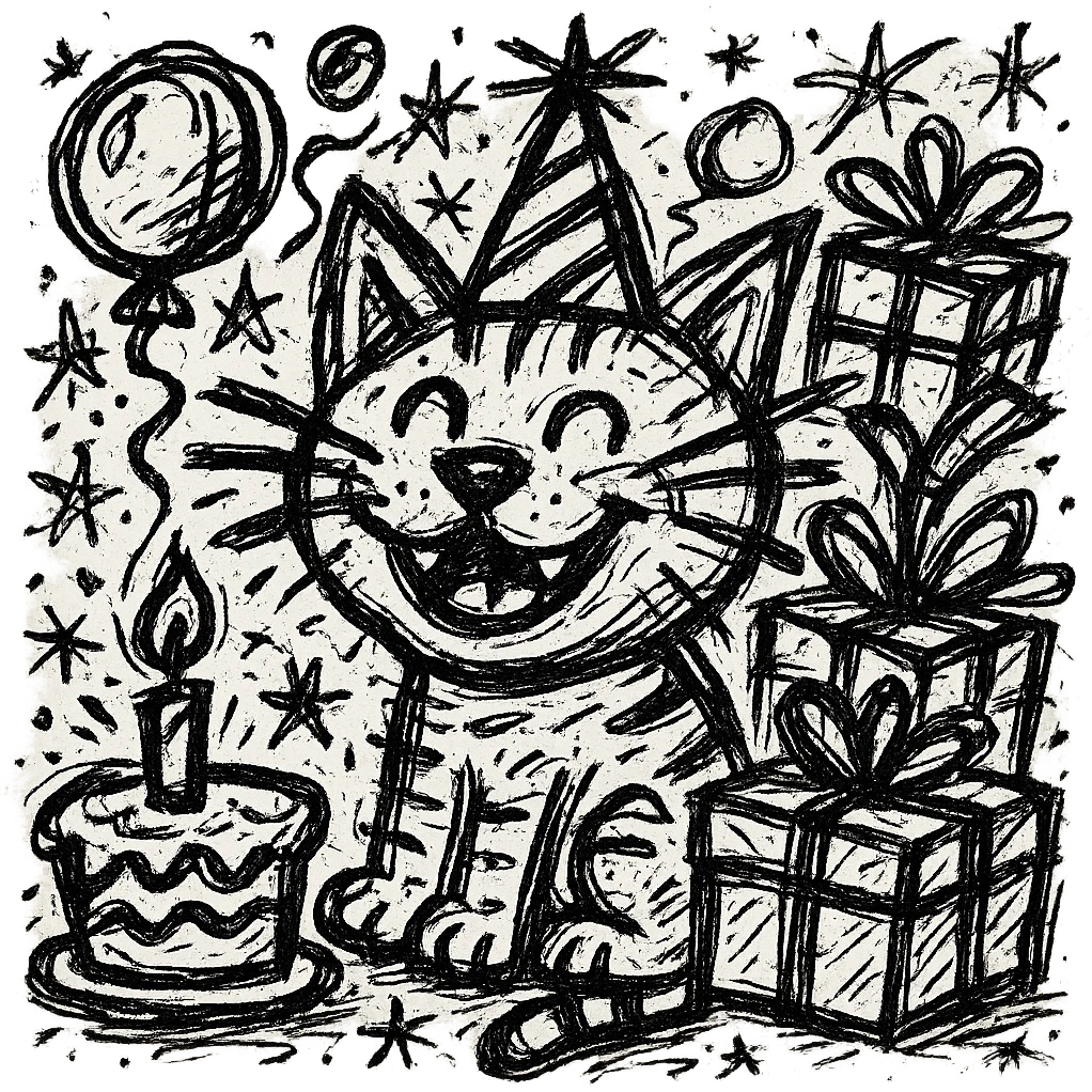 Add more gifts around the kitten, keeping the chaotic outlined style and all original elements intact emoji