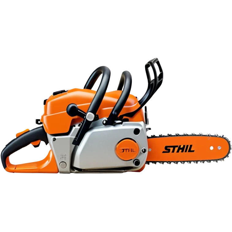 Stihl MS500i chainsaw, side view, showing the Stihl logo clearly, realistic proportions but simplified details, bright orange and silver color scheme, clean design, suitable for emoji style emoji
