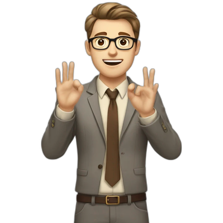 To belt Actively gesturing with hands Okay Pale skinned fit man with dark brown hair in gray jacket, beige office shirt, brown tie, brown pants and vintage glasses. emoji