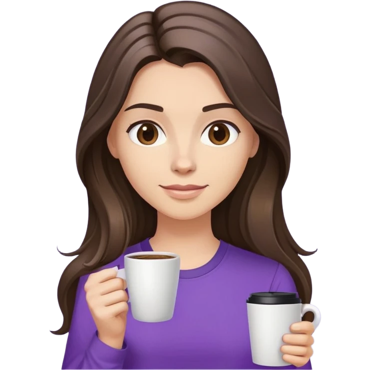 Long haired brunette with highlights holding coffee in a purple shirt emoji