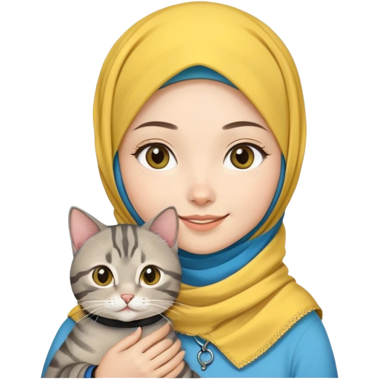 Asian White girl wearing yellow hijab holding a black grey tabby cat while smiling. The cat is wearing a blue collar emoji