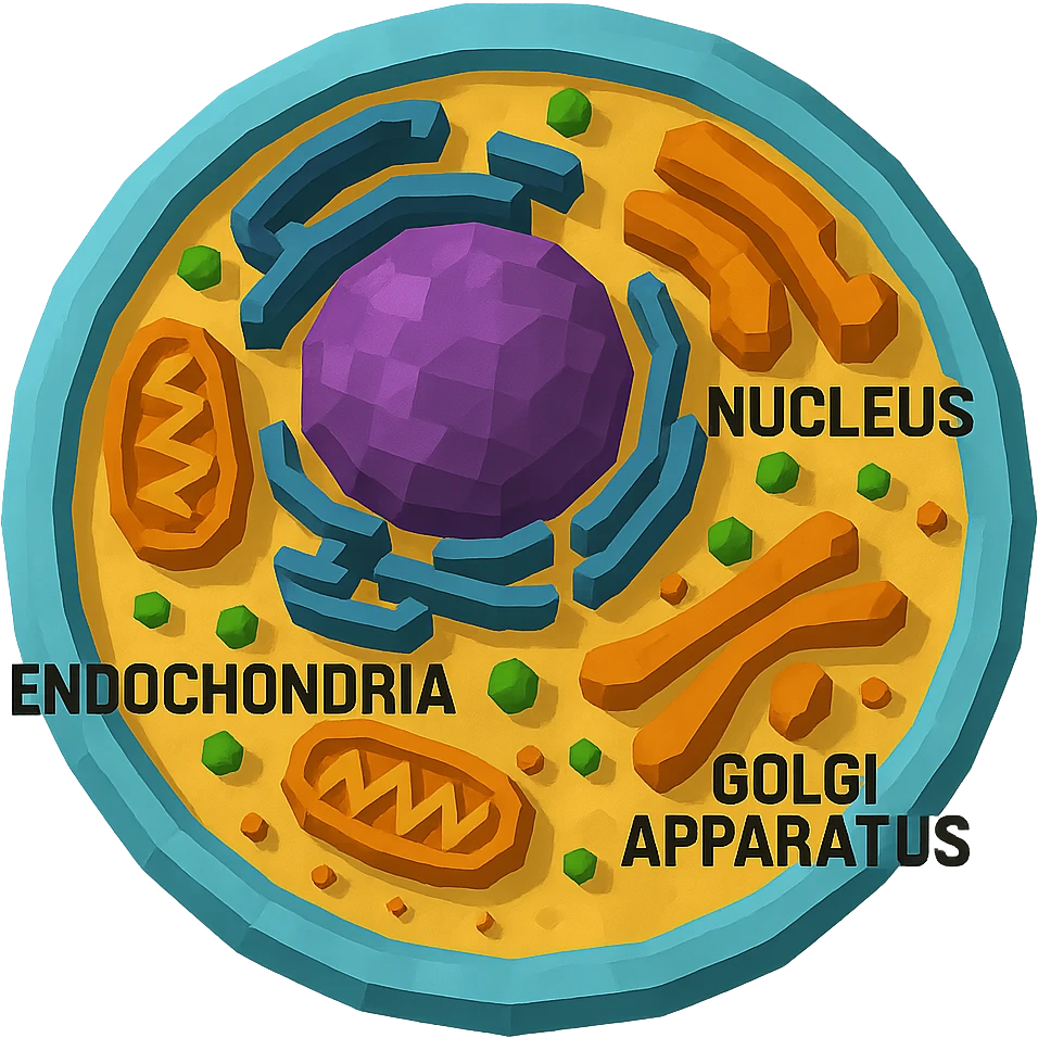 Add clear, readable labels to the organelles including nucleus, mitochondria, endoplasmic reticulum, Golgi apparatus, etc. Keep the style vibrant and 3D as in the original image. Remove the background to isolate the subject. emoji