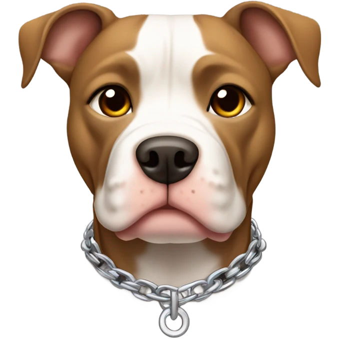 American pitbull terrier with a brown and tan striped coat and white down middle of his face and chest. He has a silver chain link collar emoji