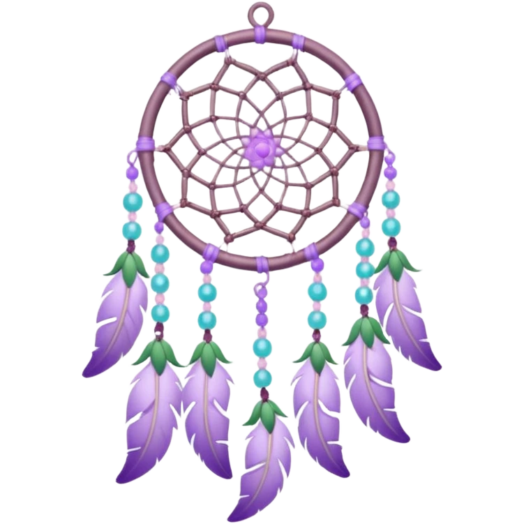 Lavender lilac pastel purple dreamcatcher-suncatcher with lavender flowers and lilac flowers attached, cyan beads, white beads, rose-pink beads, green leaves emoji